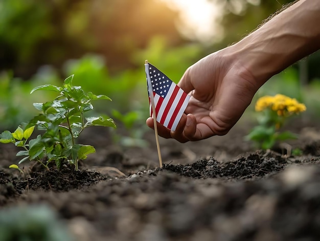 Closeup of Hand Holding a Small American Flag Planted in the Ground Photo