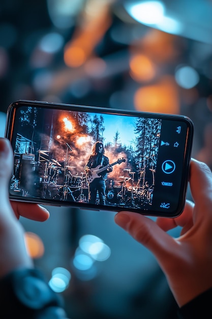 Closeup of a hand holding a smartphone playing a music video