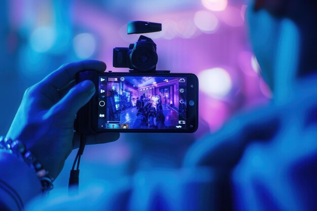 A closeup of a hand holding a smartphone recording video streaming in a dimly lit room with blue and purple lighting Generative AI