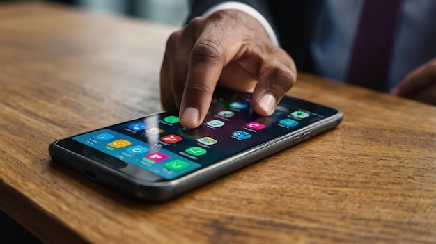 Photo closeup of hand holding smartphone with apps unlocked