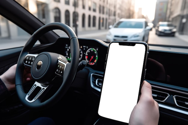 Closeup hand holding smartphone with navigate maps mockup in car interior generative ai