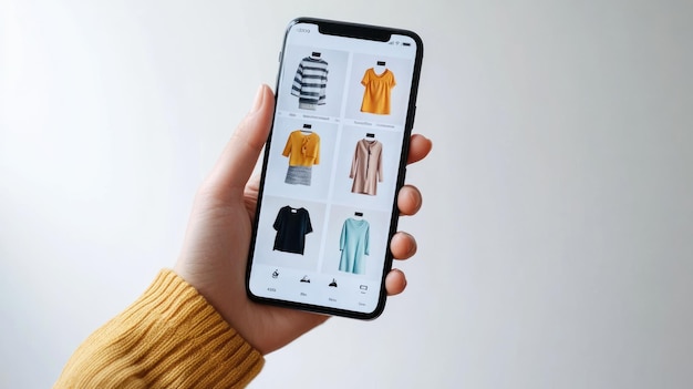 A closeup of a hand holding a smartphone with an online shopping app open displaying various clothing items against a white background with soft natural shadows