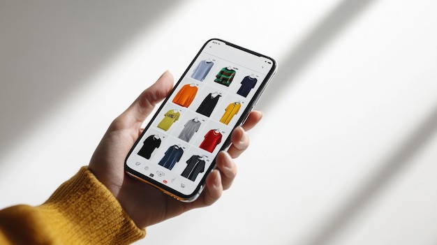 A closeup of a hand holding a smartphone with an online shopping app open displaying various clothing items against a white background with soft natural shadows