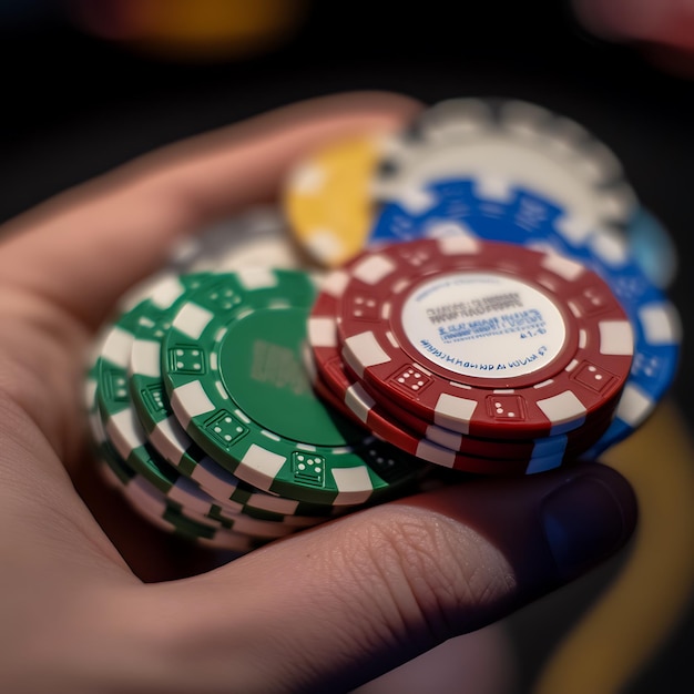 Closeup of a hand holding a stack of colorful casino chips