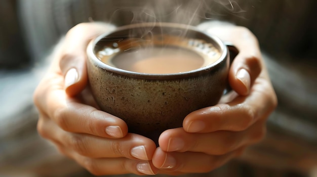 Closeup of a hand holding a steaming cup of coffee