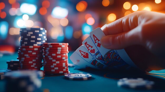 Closeup of a Hand Holding Three Aces in a Casino Setting