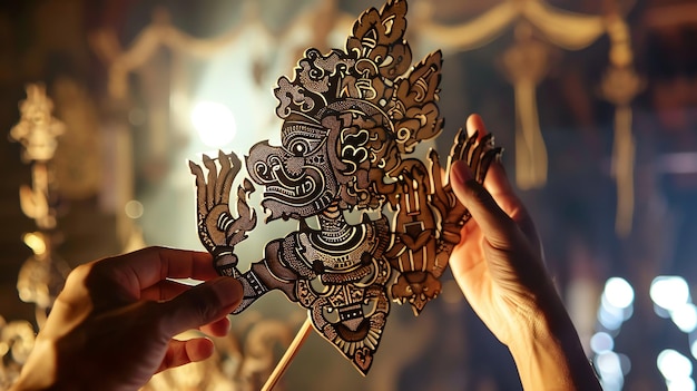 Photo closeup of a hand holding a traditional shadow puppet a cultural art form in many parts of asia