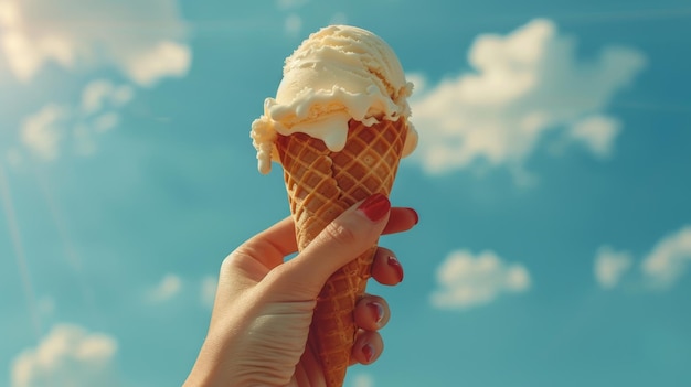 Closeup hand holding vanilla ice cream cone against blue background