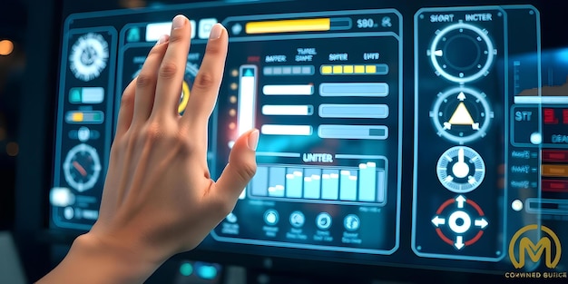 Photo closeup of a hand hovering over a holographic control panel