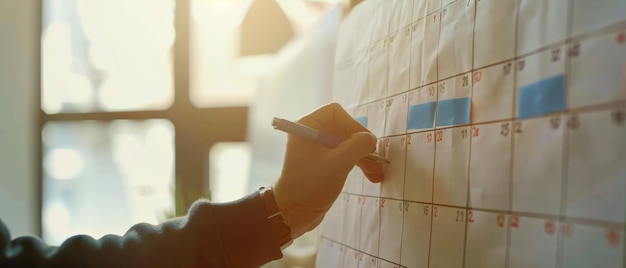 Photo a closeup hand marking a calendar with a pen emphasizing planning scheduling and organization in a warm sunlit room