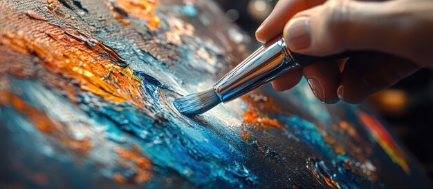 Photo closeup of hand painting abstract art with brush on canvas in vibrant colors