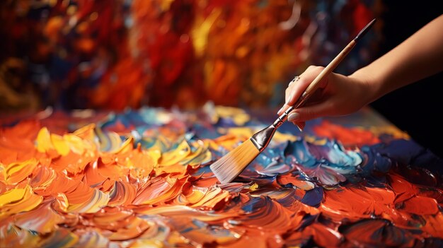 Photo closeup of a hand painting abstract art with vibrant colors using a brush