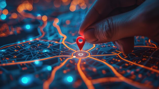 A closeup of a hand pinning a location on a digital map with a red pin marker