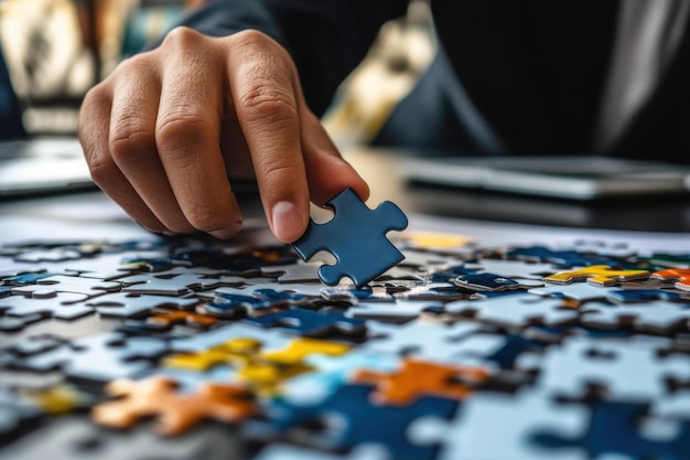 Photo closeup of hand placing puzzle piece