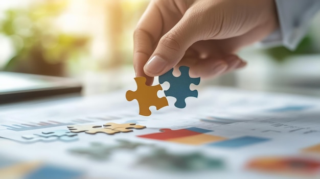 Closeup of a hand placing puzzle pieces together over financial documents in a sunlit office Concept of problemsolving and business strategy