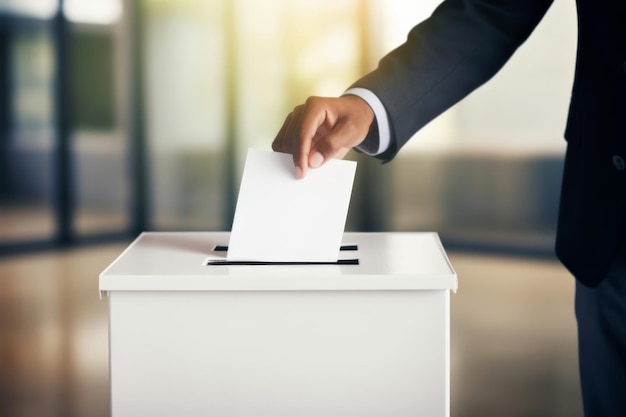 Closeup of a hand placing a vote into a white ballot box in a welllit office environment