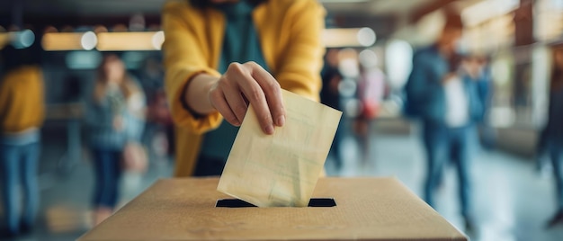 A closeup of a hand placing a voting ballot into a ballot box focus on the ballot and hand set in a polling station with people in the background