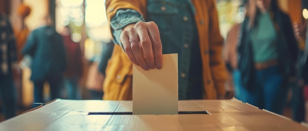 Photo a closeup of a hand placing a voting ballot into a ballot box focus on the ballot and hand set in a polling station with people in the background