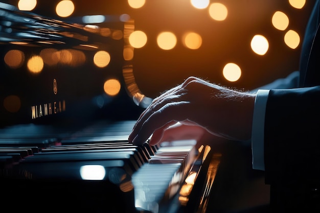 Photo a closeup of a hand playing piano keys illuminated by soft bokeh lights showcasing the beauty of music and artistry