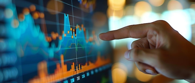 Closeup of a hand pointing at a digital financial chart with graphs and data analytics on a computer screen Business and investment concept