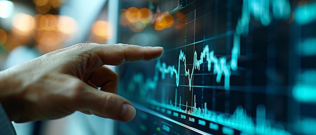 Closeup of hand pointing at a digital stock market chart on a screen indicating financial investment and economic data analysis