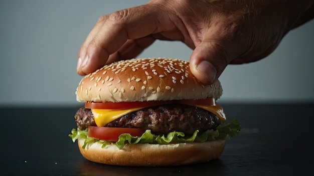 Closeup of a hand pressing down on the burger to show its density