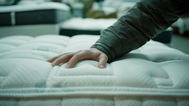 A closeup of a hand pressing down on a plush mattress testing its softness and quality in a showroom