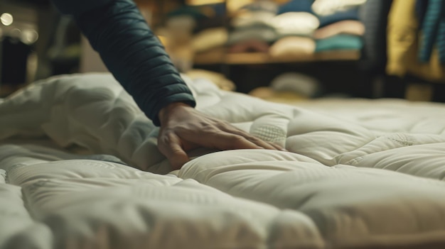 Closeup of a hand pressing into a plush mattress in a store testing comfort capturing an intimate consumer experience