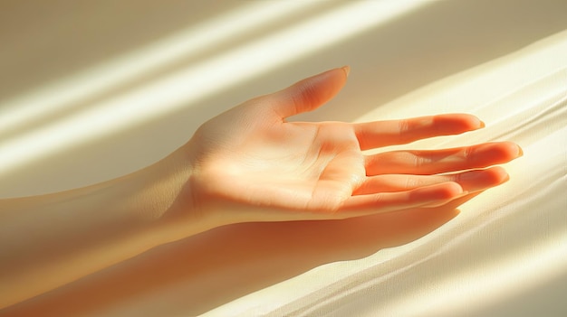 Photo a closeup of a hand resting on a soft white surface with light streaming through a window