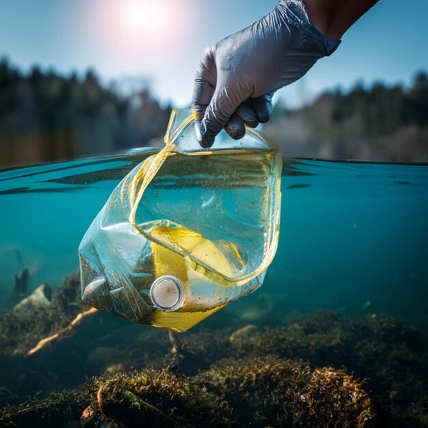 Photo closeup of hand scooping pollution from aquatic ecosystem