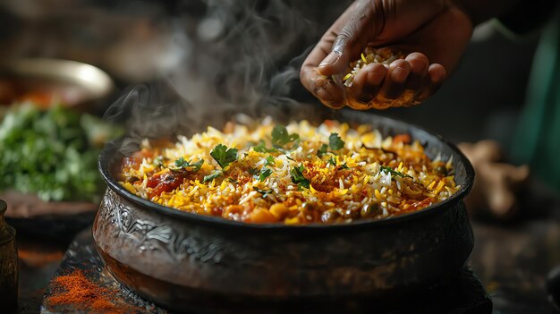 Photo closeup of hand serving biryani from a traditional tray