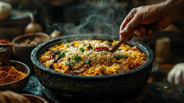 Photo closeup of hand serving biryani from a traditional tray