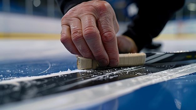 Photo closeup of a hand sharpening a hockey stick on the ice