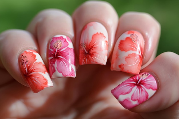 Closeup of a hand showcasing elaborate hibiscus flower nail art with vibrant pink and coral shades