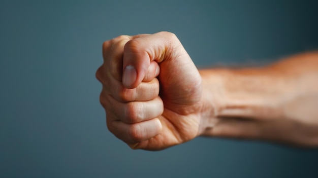 Photo closeup of a hand showing a closed fist symbolizing strength determination or solidarity against a gray background