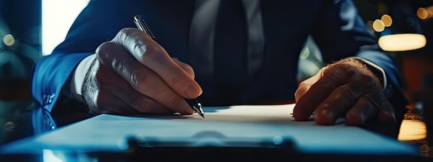 Photo closeup of a hand signing a contract selective focus