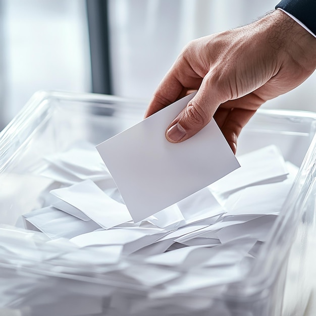 Photo closeup of a hand sliding a white voting envelope into a clear plastic ballot box