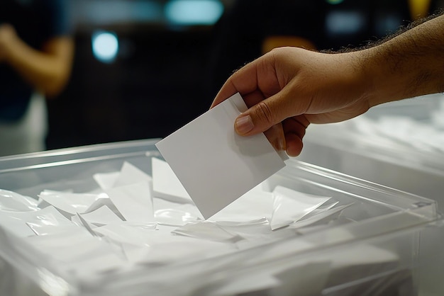 CloseUp of a Hand Sliding a White Voting Envelope into a Clear Plastic Ballot Box