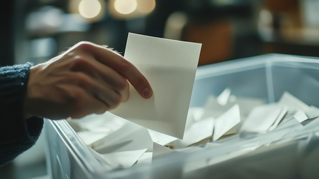 Photo closeup of a hand sliding a white voting envelope into a clear plastic ballot box