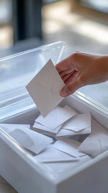 CloseUp of a Hand Sliding a White Voting Envelope into a Clear Plastic Ballot Box