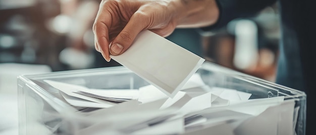 Photo closeup of a hand sliding a white voting envelope into a clear plastic ballot box