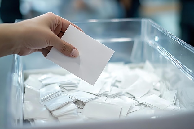 CloseUp of a Hand Sliding a White Voting Envelope into a Clear Plastic Ballot Box