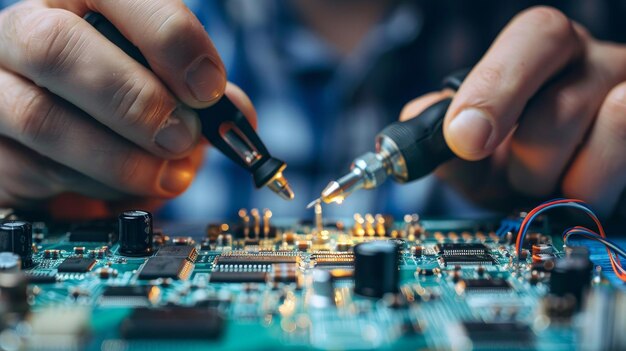 A closeup of a hand soldering a circuit board showcasing the intricate details of electronics repair