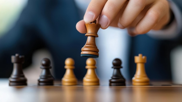 Closeup of a hand strategically moving a chess piece during a game symbolizing decisionmaking and strategy