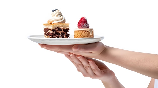 Photo closeup of hand taking complimentary dessert dishes for advertising on white background front view