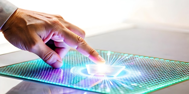 Photo closeup of hand tapping on futuristic holographic product options for cyber monday shopping macro