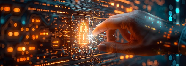 Closeup of a hand touching a bright holographic padlock on a futuristic circuit board