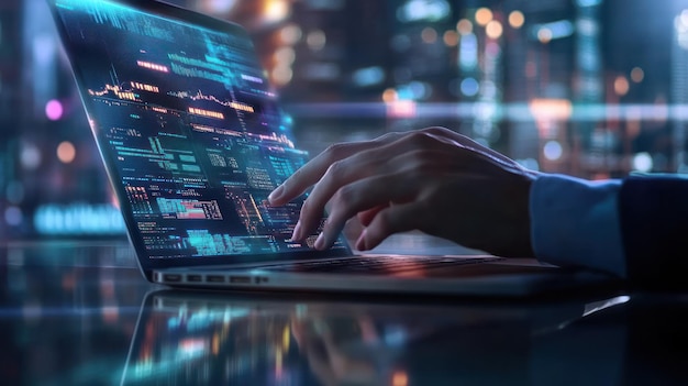 A closeup of a hand typing on a laptop displaying data analytics in a cityscape background