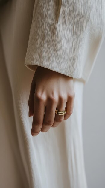 Photo closeup of a hand wearing rings showcasing texture and elegance in soft lighting