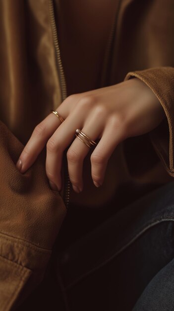 Photo a closeup of a hand wearing several rings while resting on a brown jacket in a cozy setting